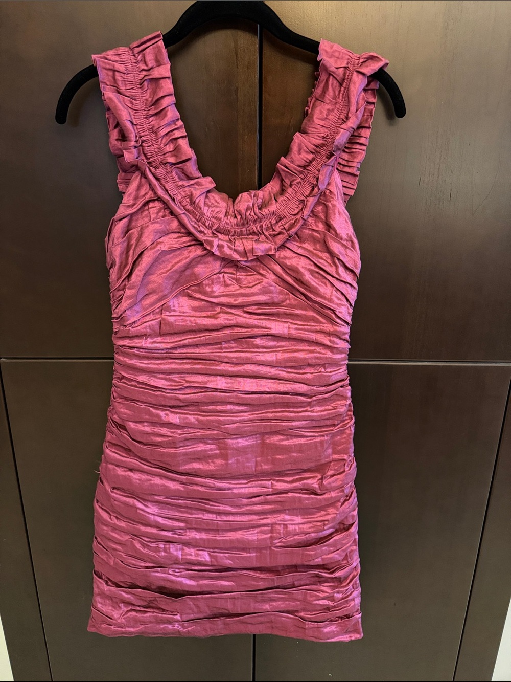 BCBGMaxAzria Rose-Pink Ruffled Ruched Mini Dress - Size 10 altered to Size 6.